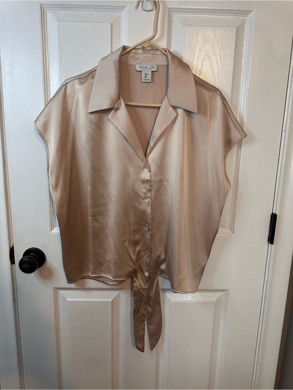 Rachel Zoe Soft Champagne Satin Tie-Front Button Down Blouse